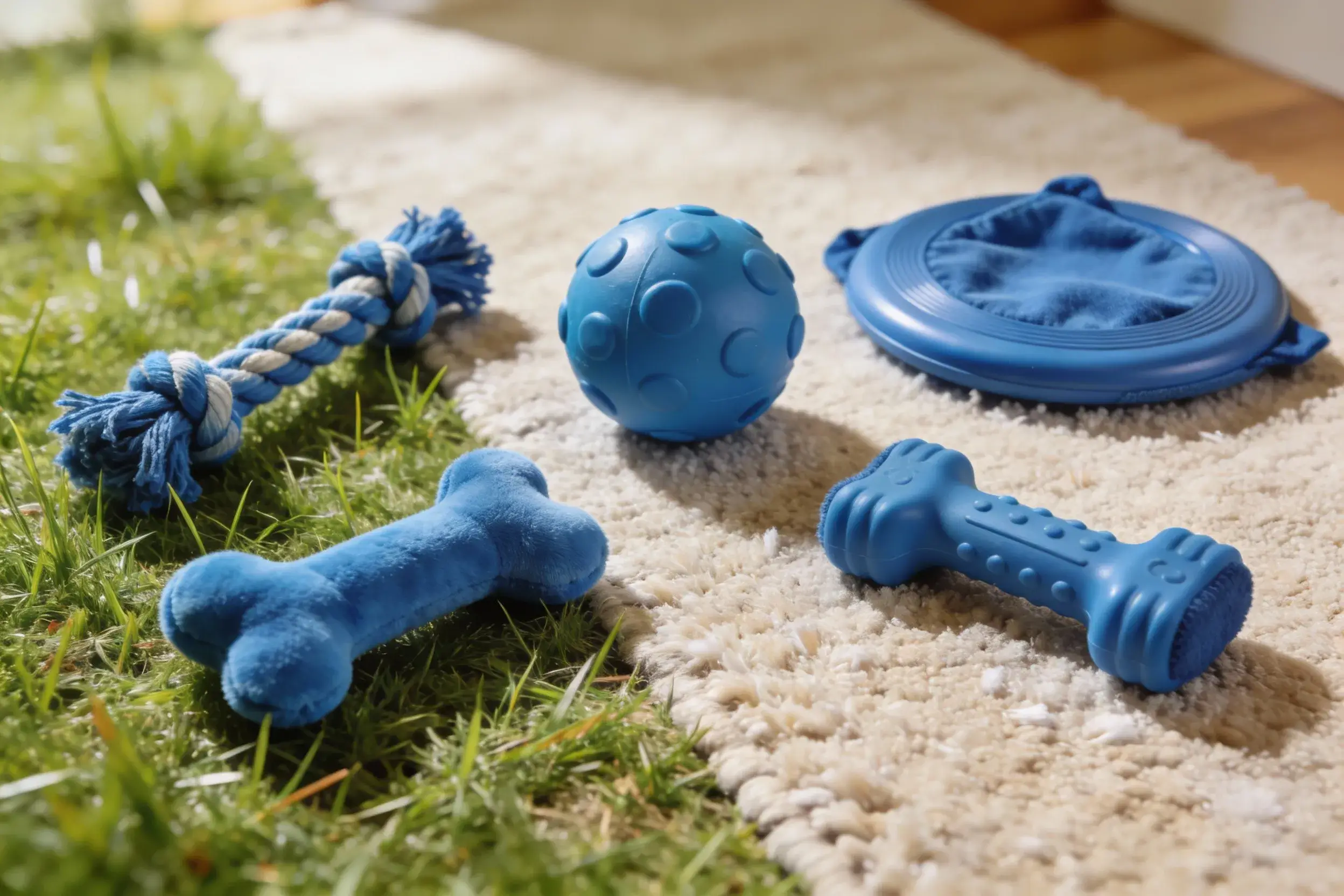 Assortment of five blue dog toys on both grass and indoor carpet backgrounds