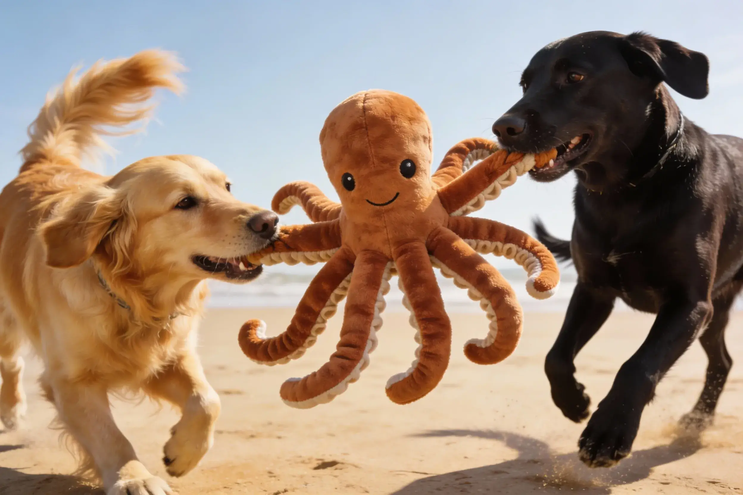 Octopus dog toy with multiple legs being tugged by two dogs