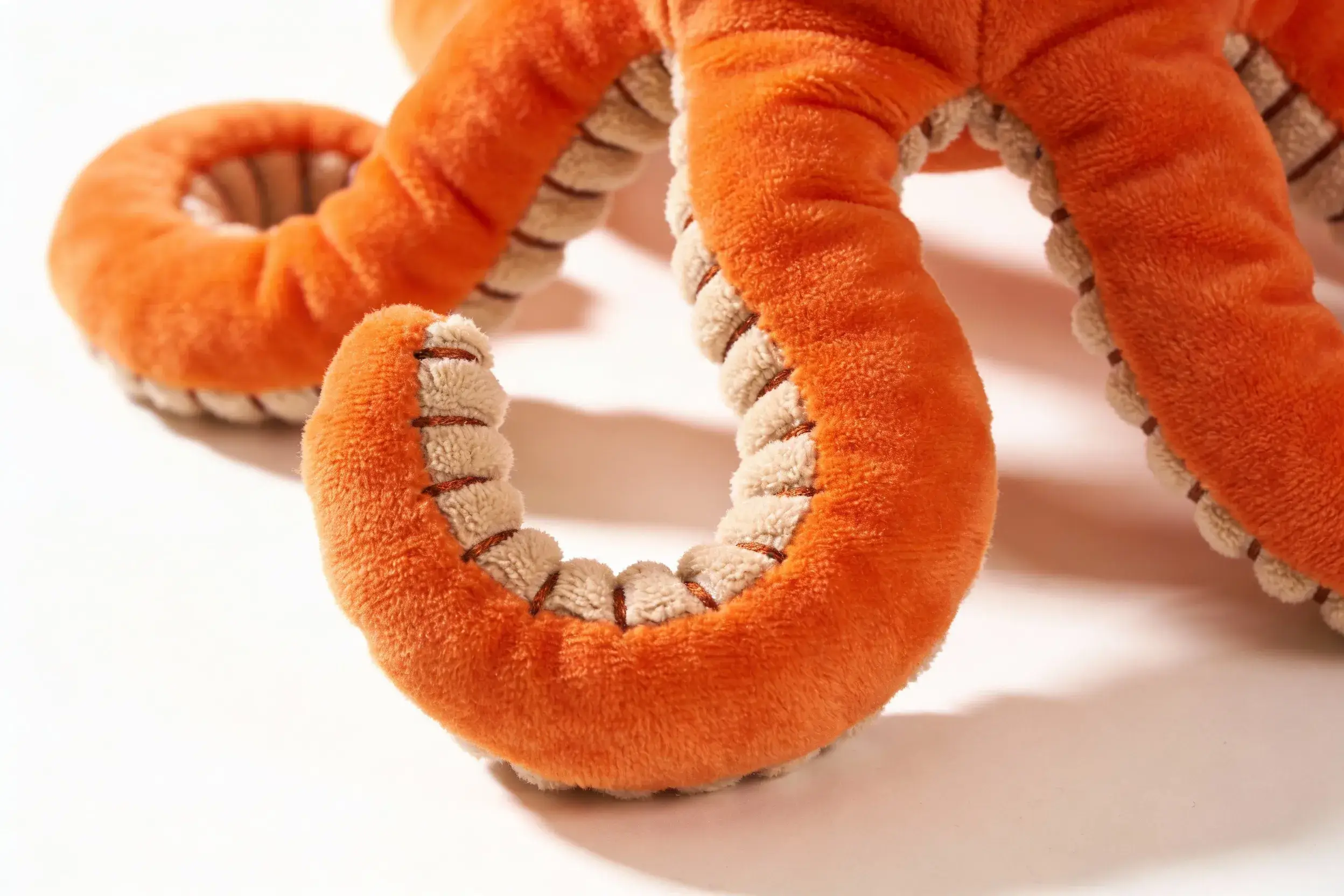 Close-up of octopus dog toy leg stitching detail