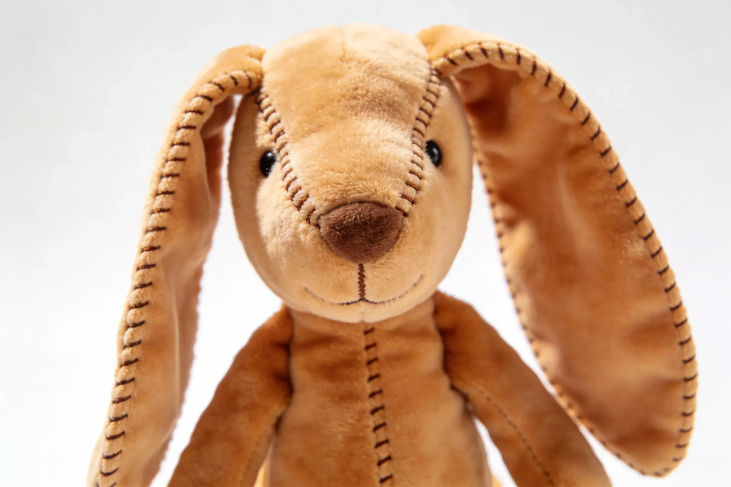 Close-up of durable plush rabbit dog toy with reinforced seams and long ears